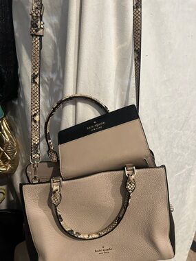 kate spade Beige and Black Satchel with Snake-Print Trim